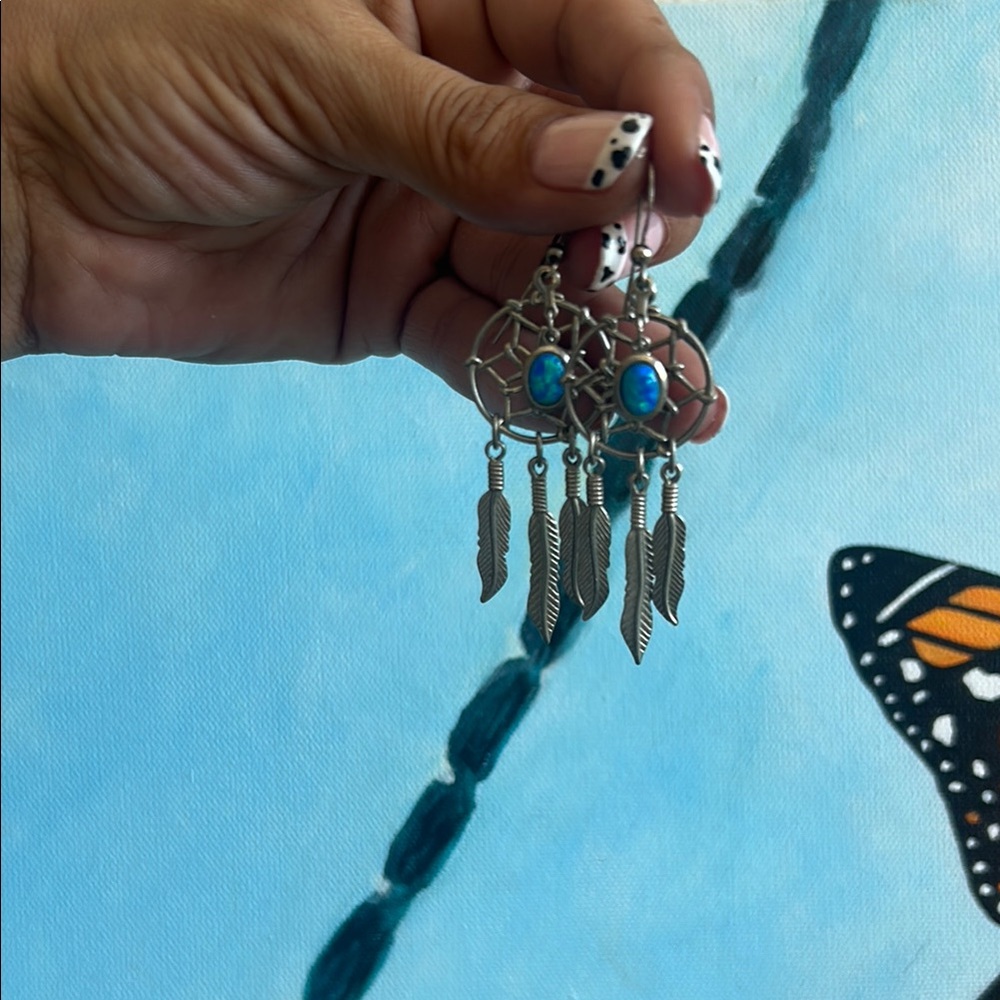 Silver Dreamcatcher Earrings with Australian Opal